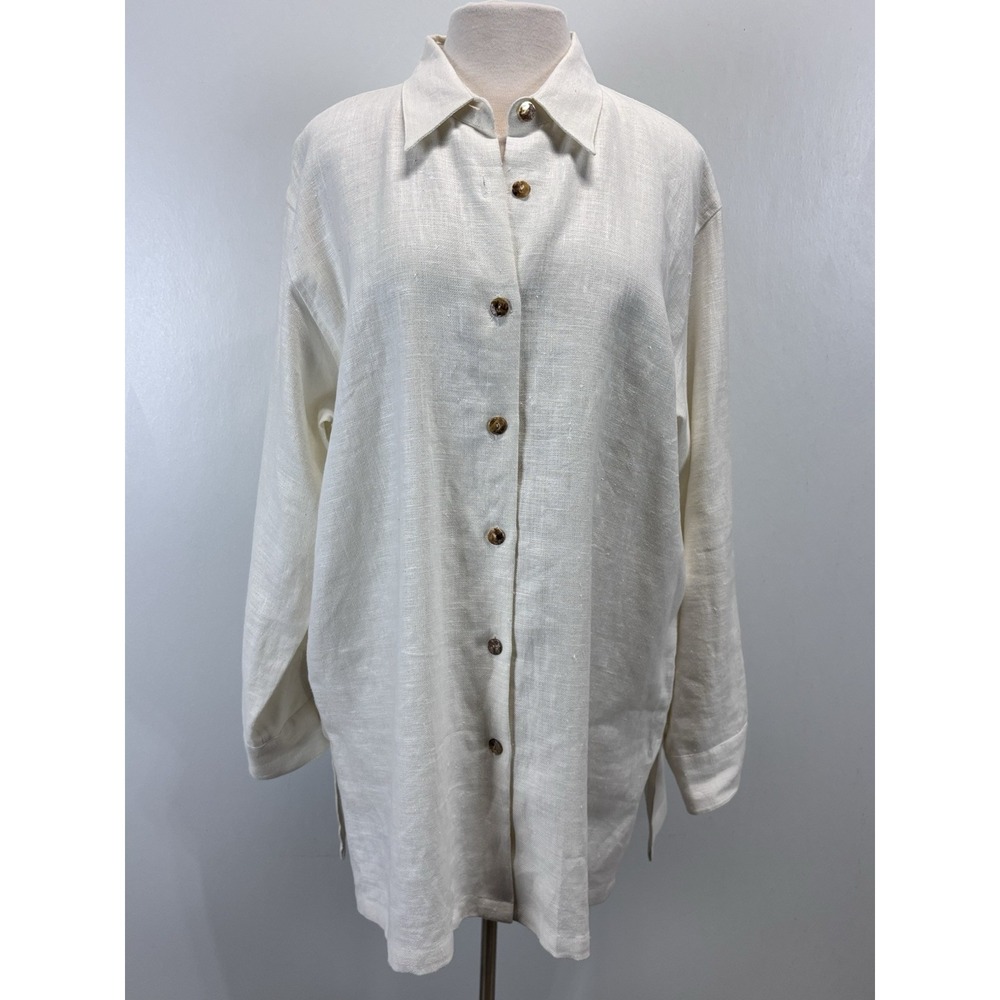 Worlds Apart 100% Linen Tunic Top Shirt Sz Large Women's Ivory Lagenlook Button